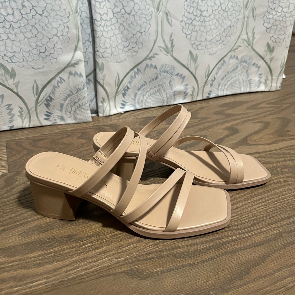 Nude strappy mule heels